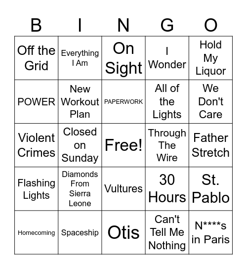 Kanye West Bingo Card