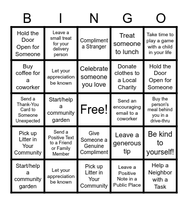 Random Acts of Kindness Bingo Card