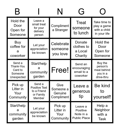 Random Acts of Kindness Bingo Card