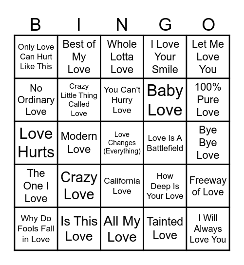 All You Need is L-O-V-E Bingo Card