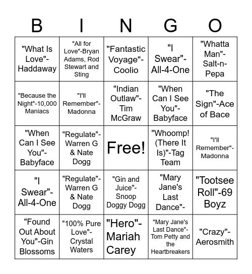 1994 Top 100 Songs BINGO Card