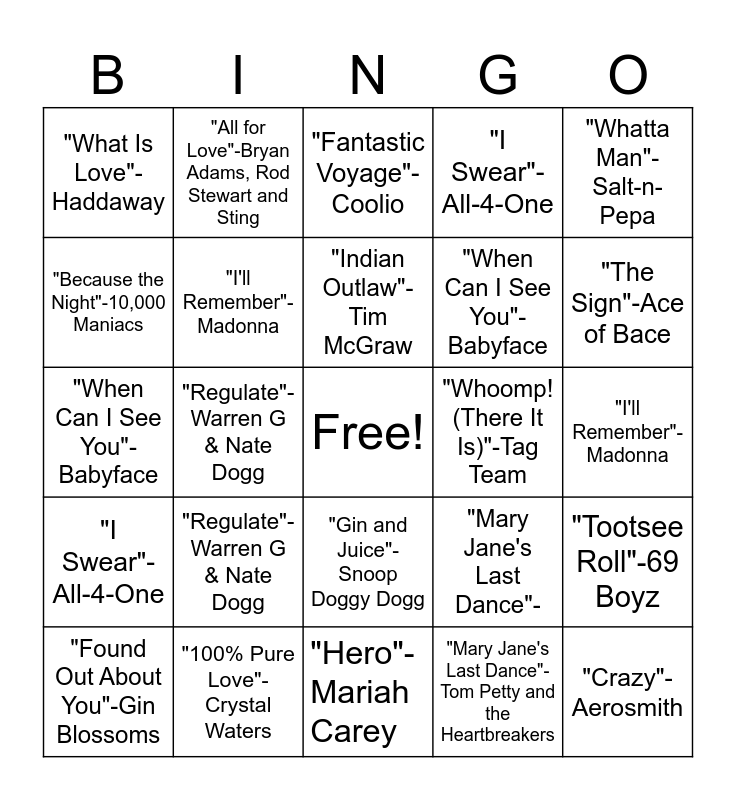 1994 Top 100 Songs BINGO Card