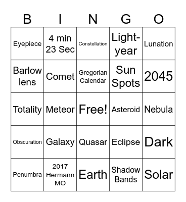 Eclipse Bingo Card