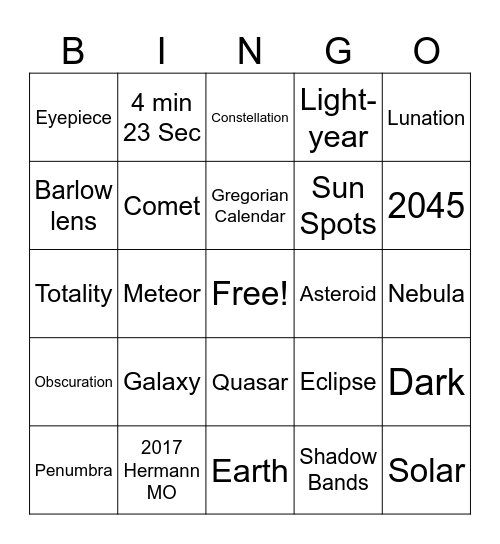 Eclipse Bingo Card