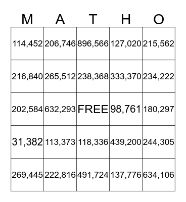 Three Digit Multiplication Bingo Card