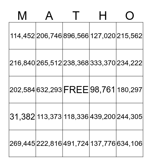Three Digit Multiplication Bingo Card