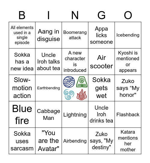 Avatar the Last Airbender Bingo Card