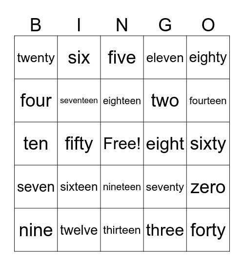 Number Words Bingo Card