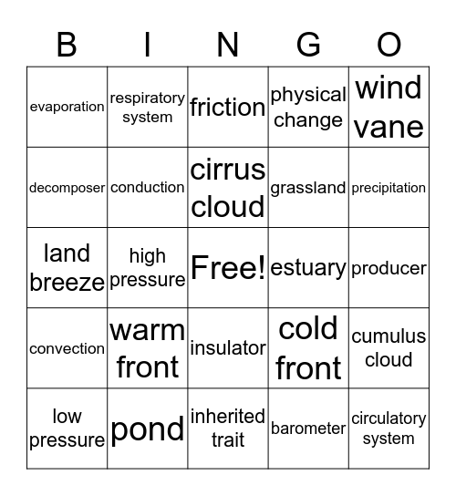 Science EOG Review Bingo Card