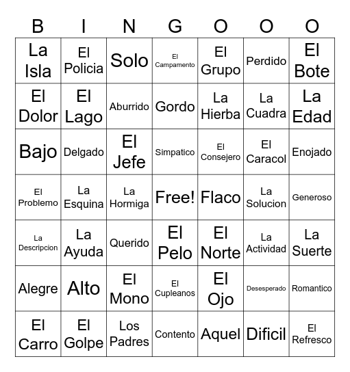 Leccion 14, 15, 16 - Nouns, Adjectives Bingo Card