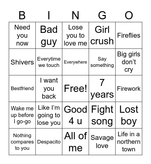 Girly Bingo Card