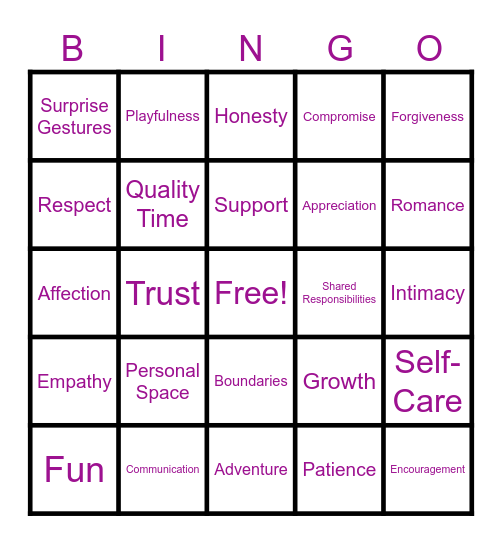 Healthy Relationships Bingo Card