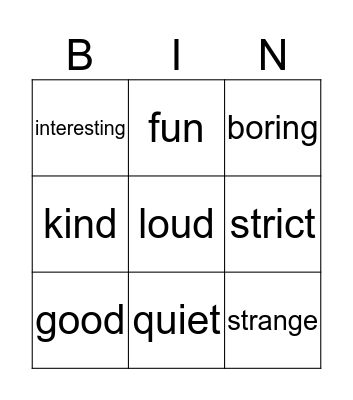 Describing words Bingo Card