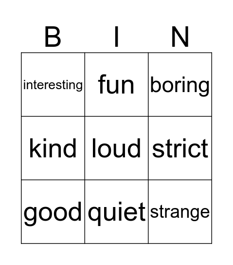 Describing words Bingo Card