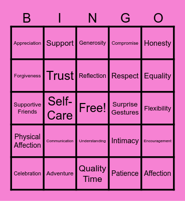 Healthy Relationships Bingo Card