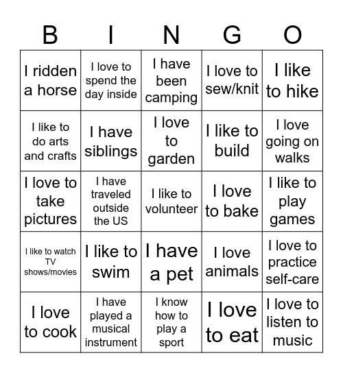Life Experiences Bingo Card