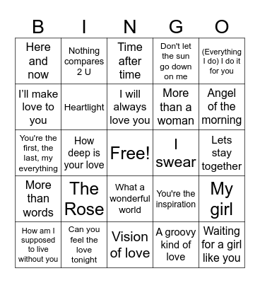 Joe Knows Time Life Love Songs Bingo Card