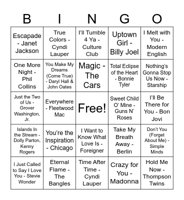 ‘80s Love Song Essentials Bingo Card