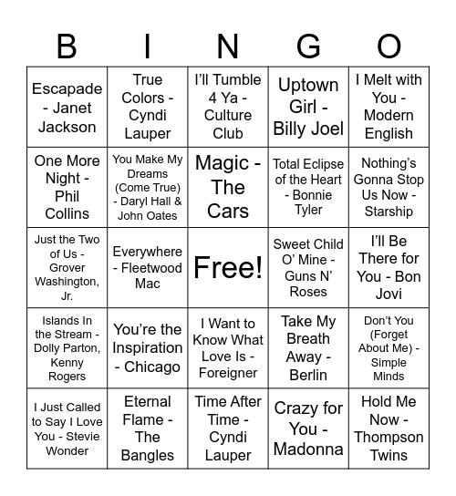 ‘80s Love Song Essentials Bingo Card