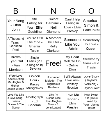 Valentine's Day Music Bingo Card