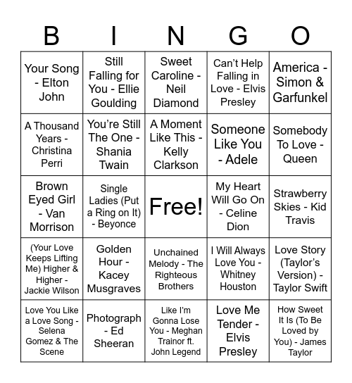 Valentine's Day Music Bingo Card