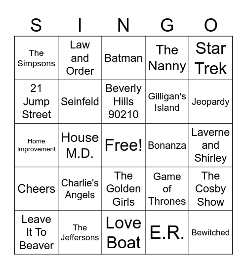 TV Theme Show Songs Bingo Card