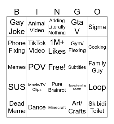 YouTube Shorts Bingo Card