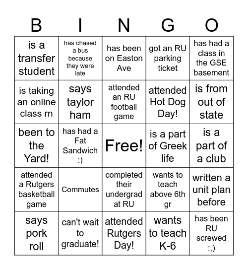 RU RAH RAH: Find someone who... Bingo Card