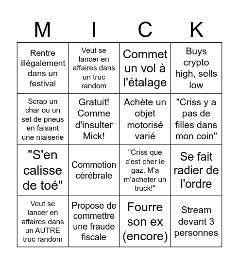 Mick Bingo Card