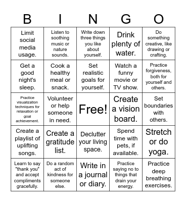 Student Self-Care Bingo Card