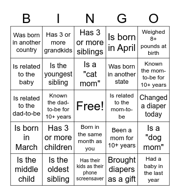 Baby Shower Bingo! Bingo Card