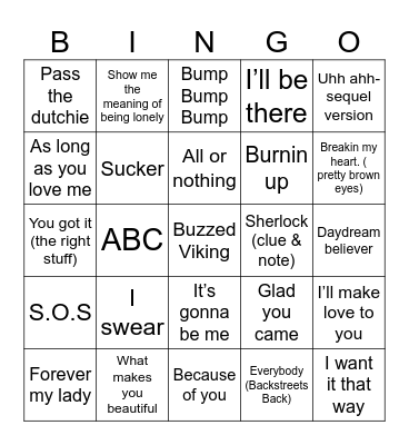 Boy Bands Bingo Card