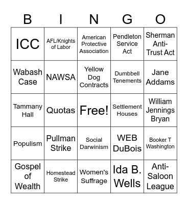 Gilded Age Political Forum Bingo Card