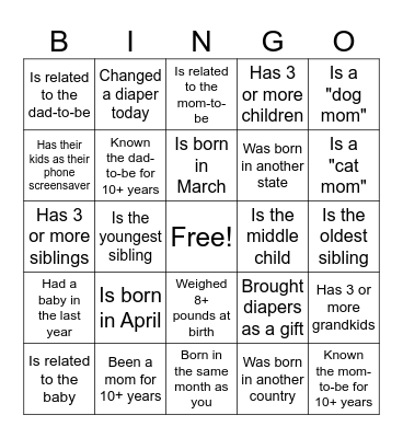 Baby Shower Bingo Card