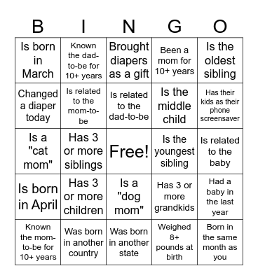 Baby Shower Bingo Card