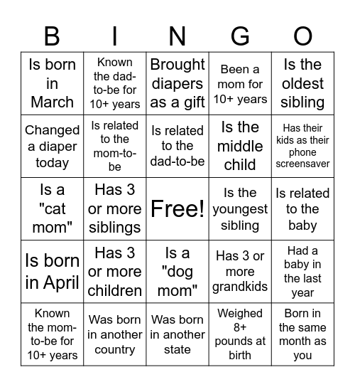 Baby Shower Bingo Card