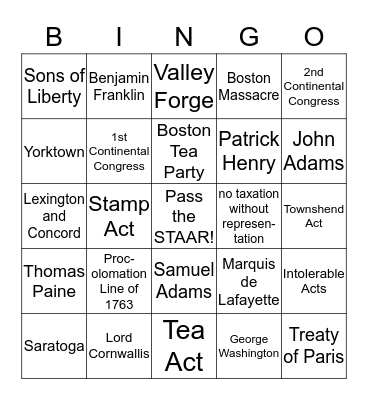 Revolutionary Era Bingo Card