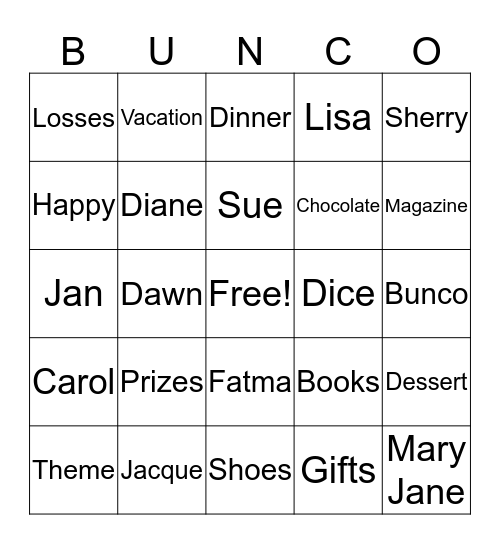 Bunco Bingo Card