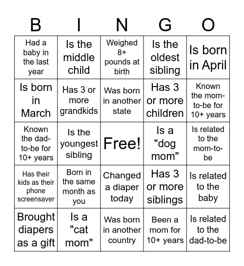 Baby shower bingo Card