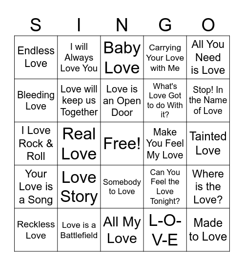 Valentine's Day Singo Bingo Card