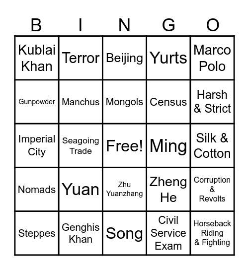 Mongols/Ming Bingo Card
