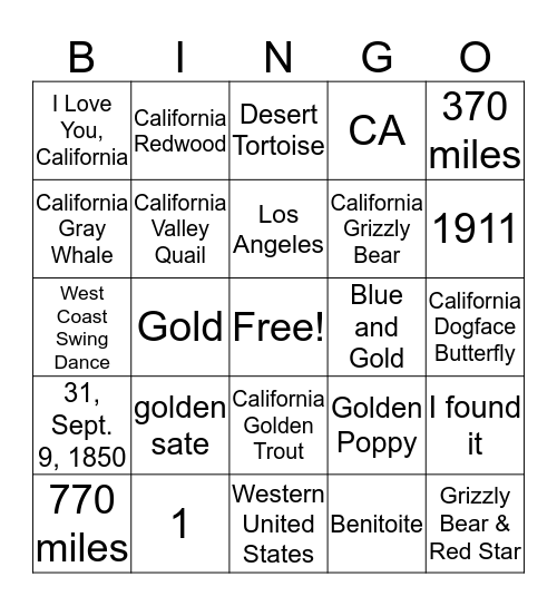 California bingo Card