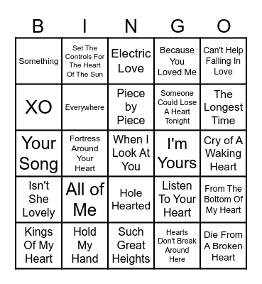 Love Songs Bingo Card