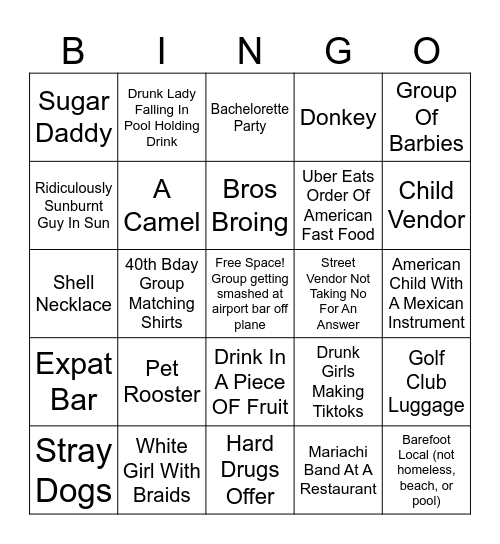 Mexican Vacation Bingo Card