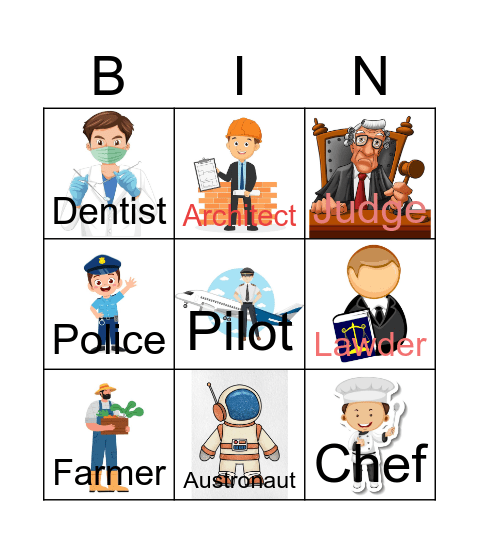 Professions Bingo Card