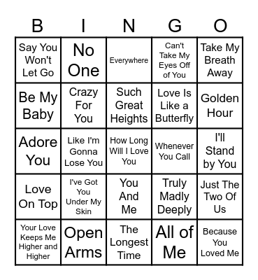 Love Songs Bingo Card