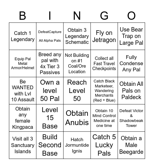 Palworld Bingo Card