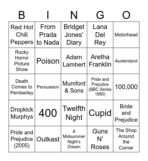 Roses, Romance, & Austen Adaptations Bingo Card