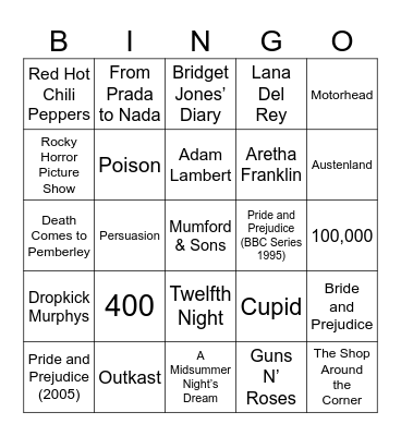 Romance, Roses, & Austen Adaptations Bingo Card