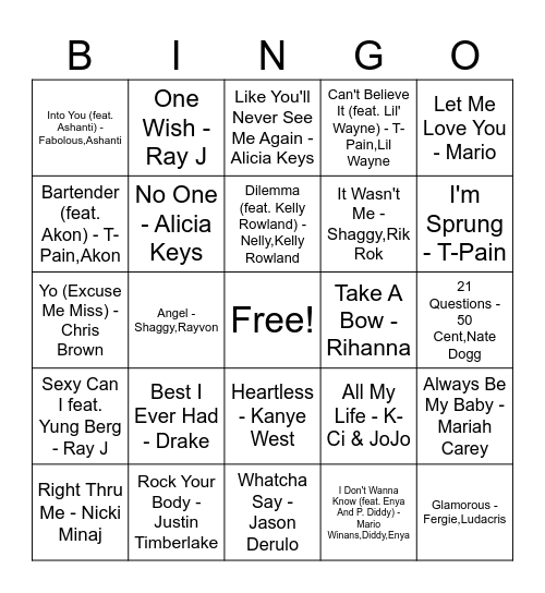 2000's Love Songs Bingo Card